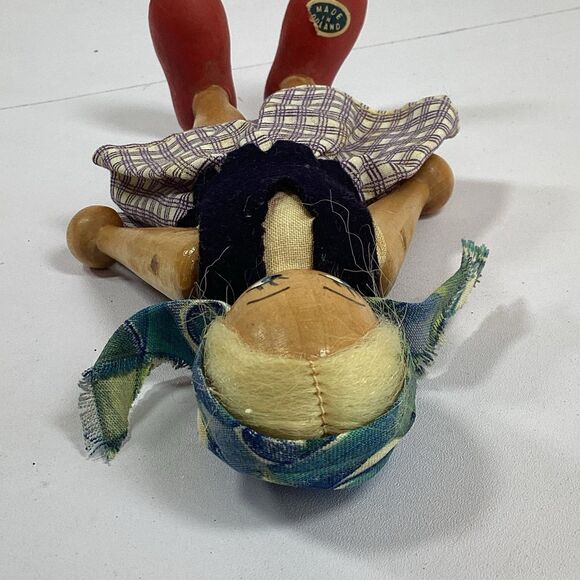 Vtg Poland Wood Peg Doll Girl Blond Hair Purple Plaid Skirt Red Shoes 7" - Picture 7 of 9